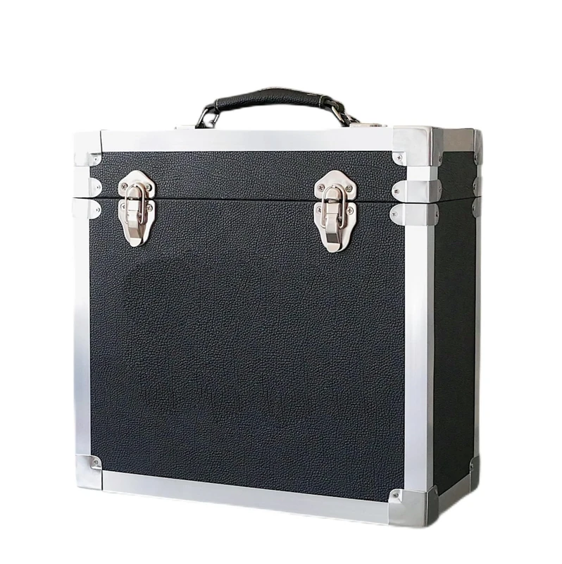 Steepletone 12" Vinyl Record Storage Box Case, with Carry Handle, Faux Leather Finish with Metal Edge, Holds up to 45 LP's (Black)