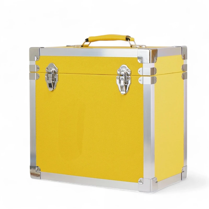 Steepletone 12" Vinyl Record Storage Box Case, with Carry Handle, Faux Leather Finish with Metal Edge, Holds up to 45 LP's (Yellow)