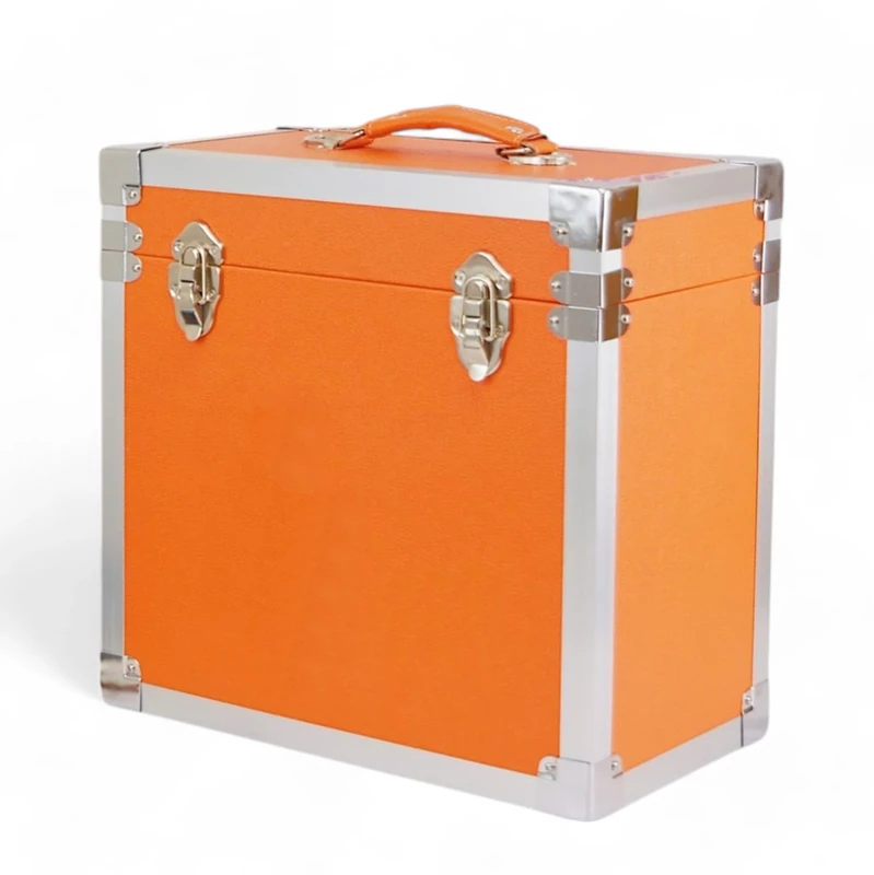 Steepletone 12" Vinyl Record Storage Box Case, with Carry Handle, Faux Leather Finish with Metal Edge, Holds up to 45 LP's (Orange)