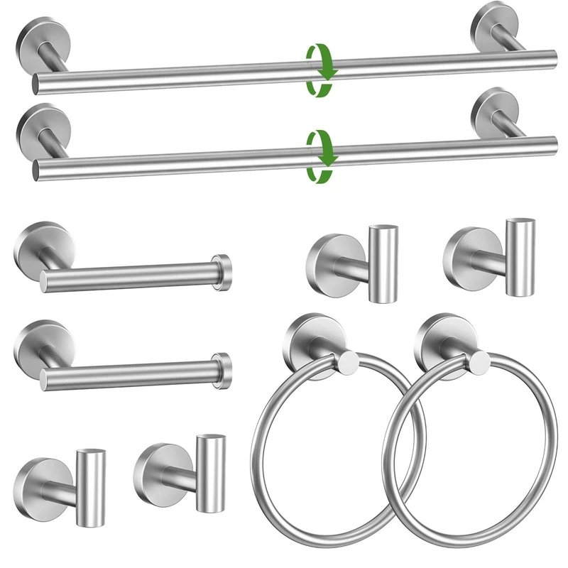 10-Piece Towel Bar Set Brushed Nickel Bathroom Hardware Accessories Set Includes 23.6in Towel Bar Round Towel Ring TP Holder and Hooks Stainless Steel Wall-Mounted Towel Racks Set for Bathroom