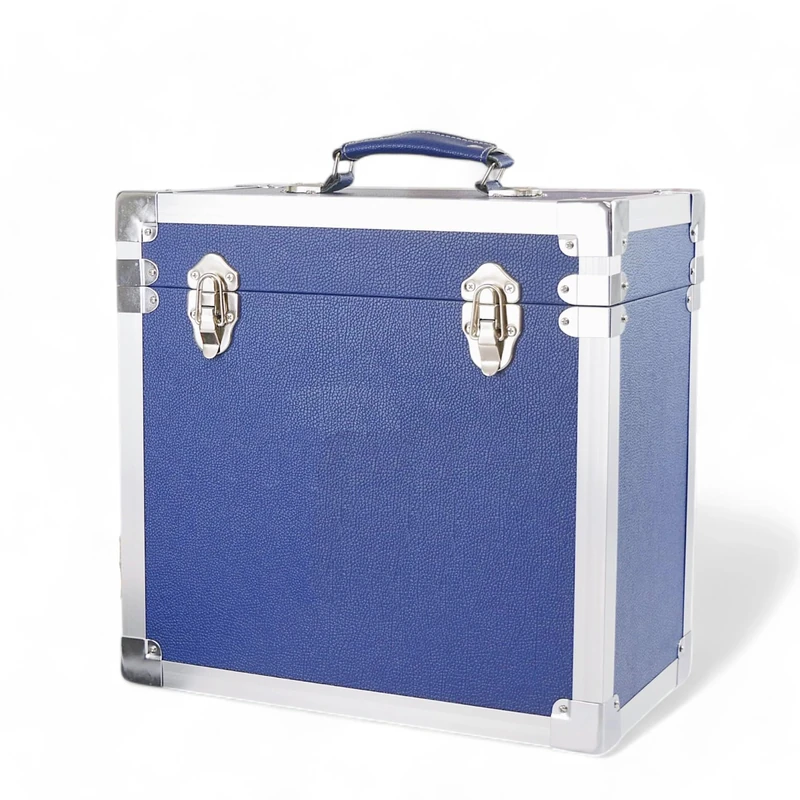 Steepletone 12" Vinyl Record Storage Box Case, with Carry Handle, Faux Leather Finish with Metal Edge, Holds up to 45 LP's (Navy Blue)