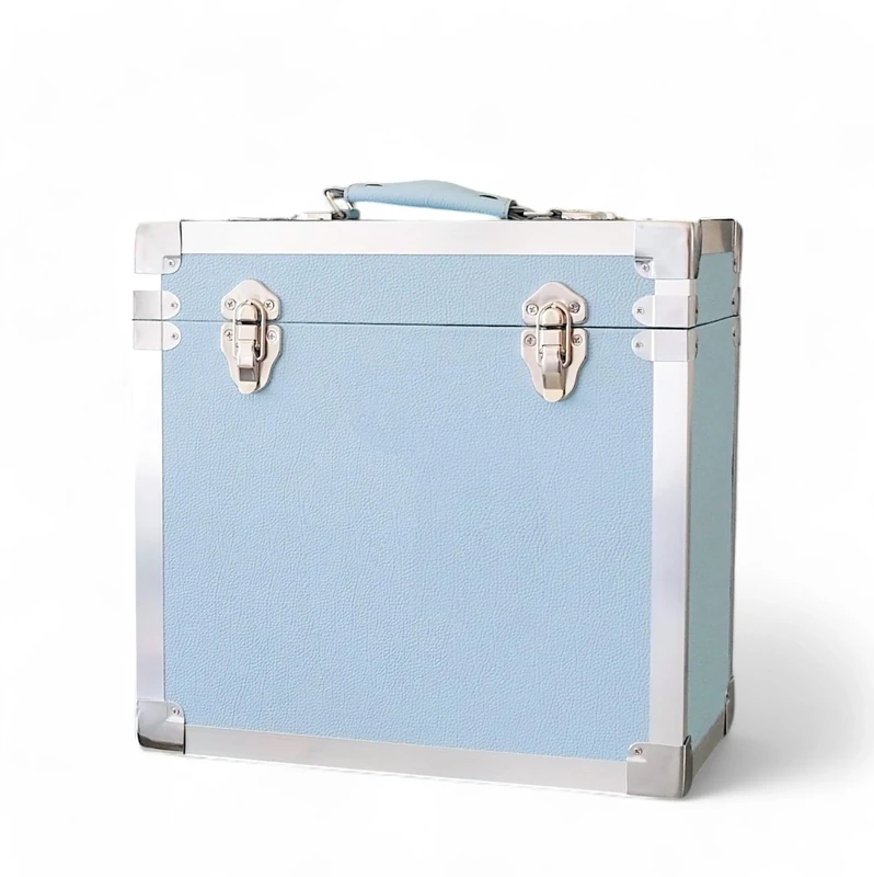 Steepletone 12" Vinyl Record Storage Box Case, with Carry Handle, Faux Leather Finish with Metal Edge, Holds up to 45 LP's (Light Blue)