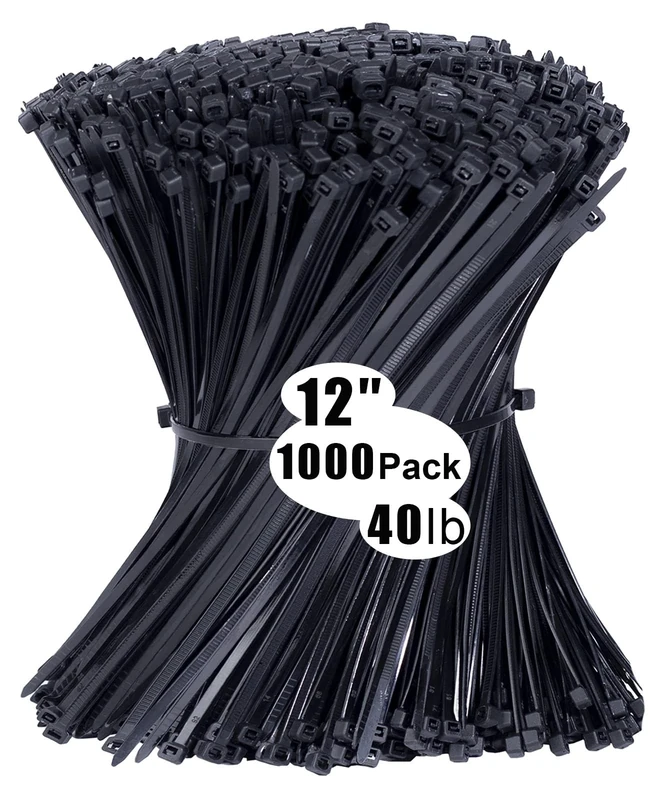 Cable Ties 1000 Pack,12 inch Zip Ties Black, 300 x 3.6mm Nylon Ties 40lb Tensile Strength with UV Resistant, Plastic Tie Wraps Self Locking Large Heavy Duty Cable Wrap for Workshop Indoor and Outdoor