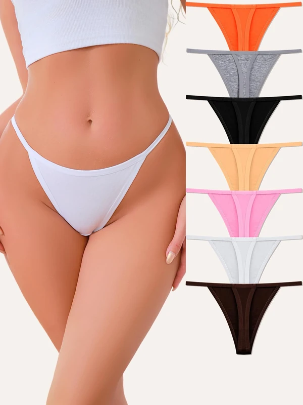 7 Pack Womens Cotton Underwear G-String Thongs for Women Low Rise Breathable Panties, 7 Pack (Black+orange+pink+beige+white+grey+moca Grey), Small