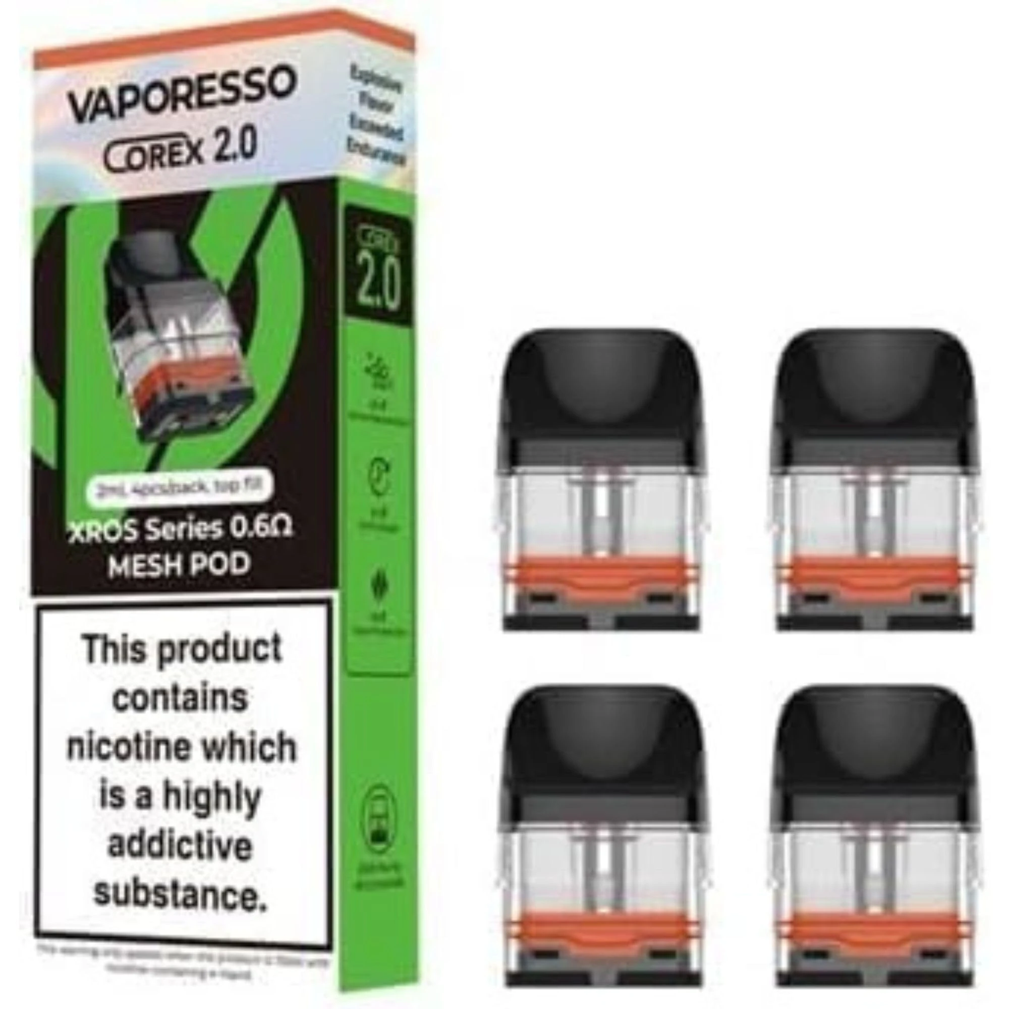 VAPORESSO XROS POD - Corex 2.0 Top Fill Cartridge - Vaporesso Pods 0.6 Compatible with Entire Xros Series of Vaporesso - 2ml Refillable E-Cigarettes No Nicotine (Pack of 4)
