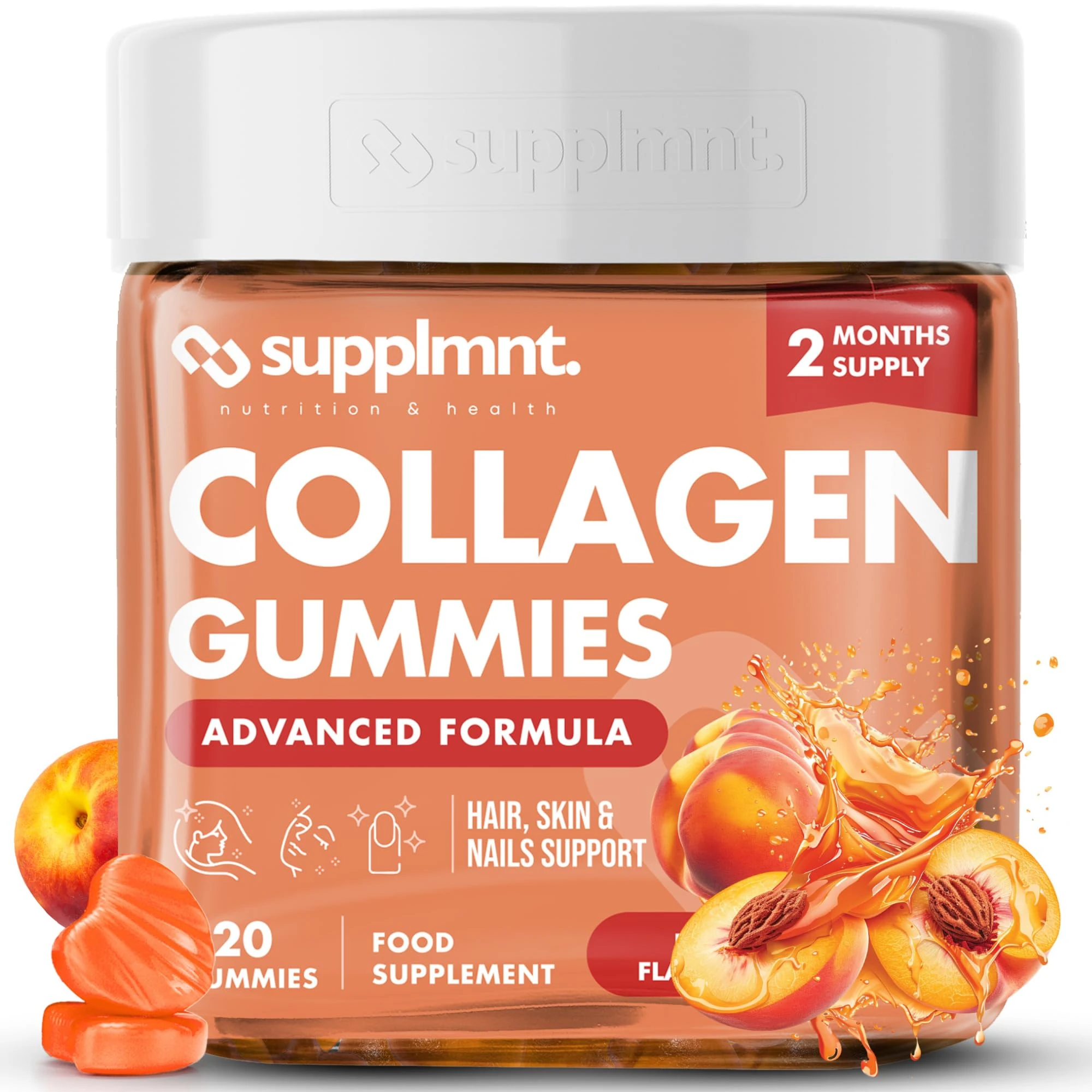 Supplmnt. Marine Collagen Gummies, Hydrolysed Collagen Peptides w/Biotin, Hyaluronic Acid & Vitamin C, Collagen Supplements for Women & Men, Collagen for Skin, Hair & Nails (One Size, Peach)