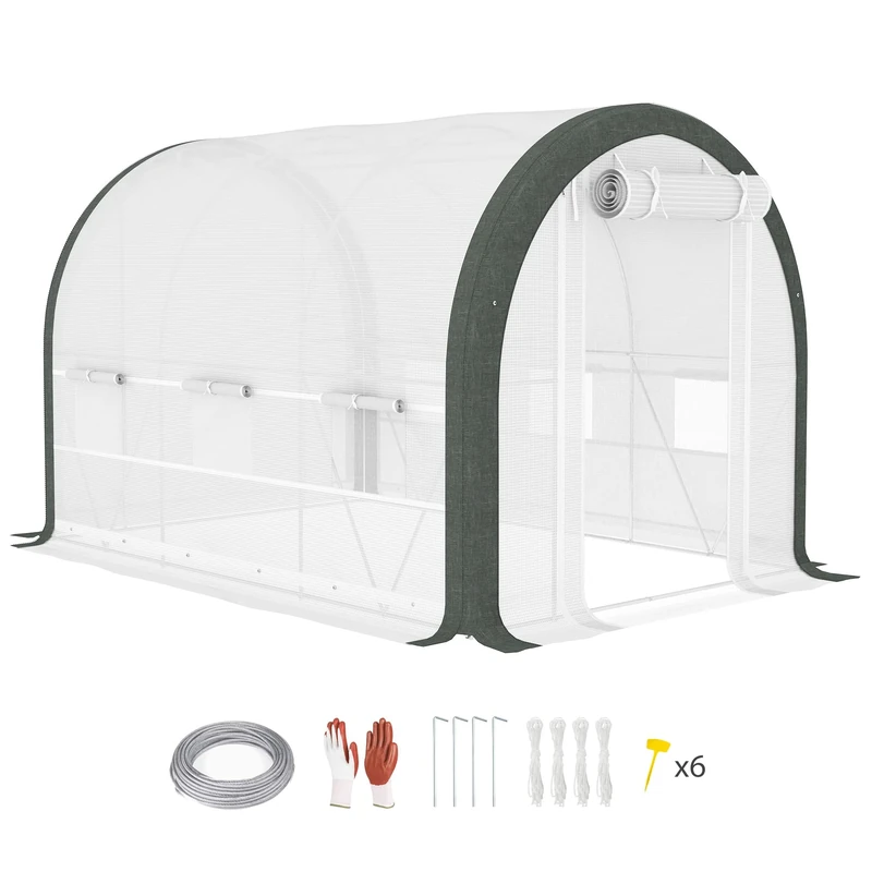 Outsunny 3 x 2(m) Walk-in Polytunnel Greenhouse with Upgraded Structure, Zipped Roll Up Mesh Door, 6 Mesh Windows, Tunnel Warm House Tent with PE Cover, 6 Plant Labels and Gloves, White