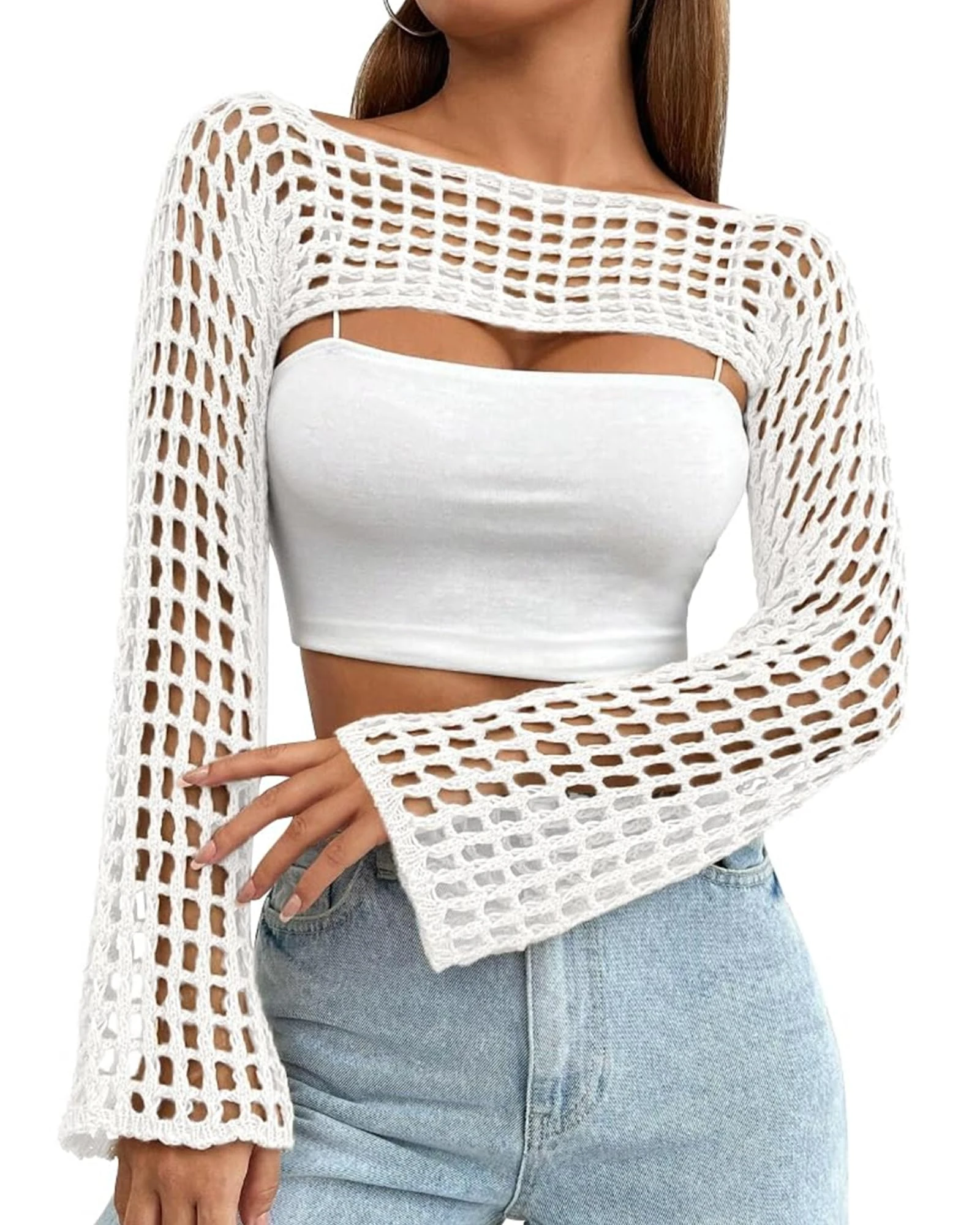 CAMNOW Womens Crochet Crop Tops Y2k Knit Shrug Sweater Hollow Out Long Sleeve Bikini See Through Cover Ups, White, Small