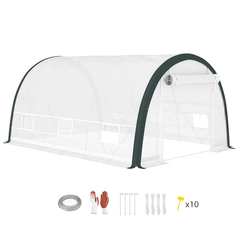 Outsunny 4 x 3(m) Walk-in Polytunnel Greenhouse with Upgraded Structure, Zipped Roll Up Mesh Door, 6 Mesh Windows, Tunnel Warm House Tent with PE Cover, 10 Plant Labels and Gloves, White