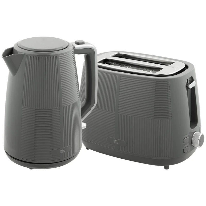 HOMCOM Kettle and Toaster Set, 1.7L 3000W Fast Boil Kettle & 2 Slice Toaster Kitchen Set with 7 Level Browning Controls, Defrost, Reheat, Boil-Dry Protection, Grey