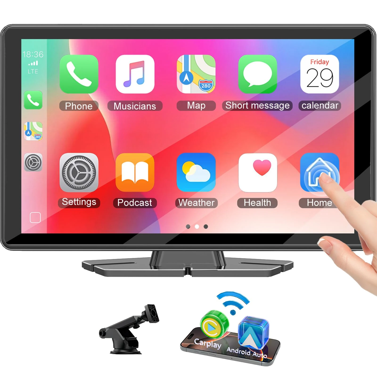 9 Inch Wireless Car Play Screen for Apple Carplay & Android Auto, Car Tablet Pro Max with Mirror Link,Protable Car Touch Screen with GPS Navigation,Voice Control,Bluetooth,AUX (No reverse camera)