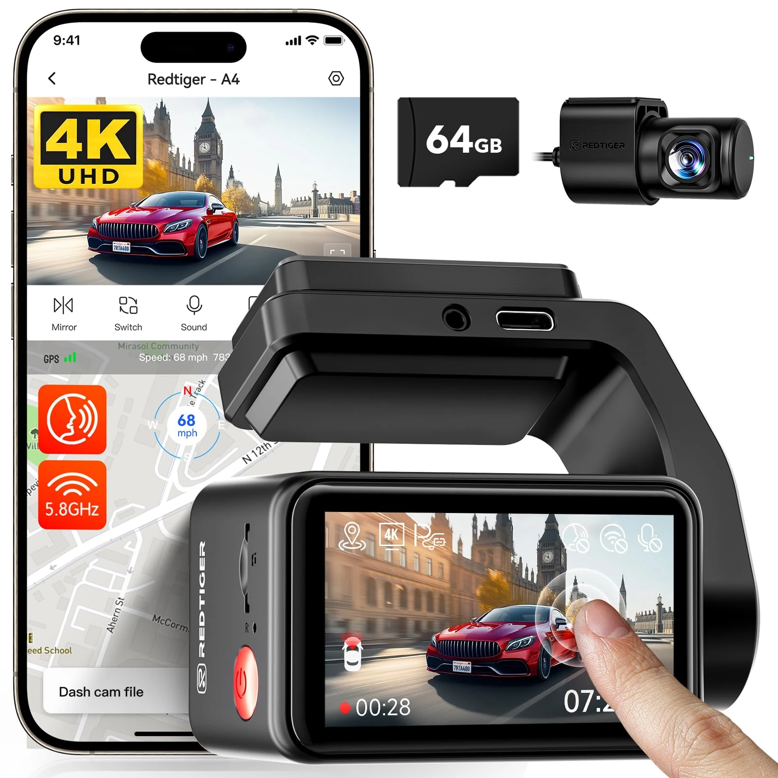 REDTIGER A4-4K+1080P Dash Cam Front and Rear Built-in 5.8GHz WiFi and GPS, Dash Camera for Cars with 64GB Card, Touch Screen Dashcam, Voice Control, 24H Parking Mode, Night Vision, Support Max 256GB