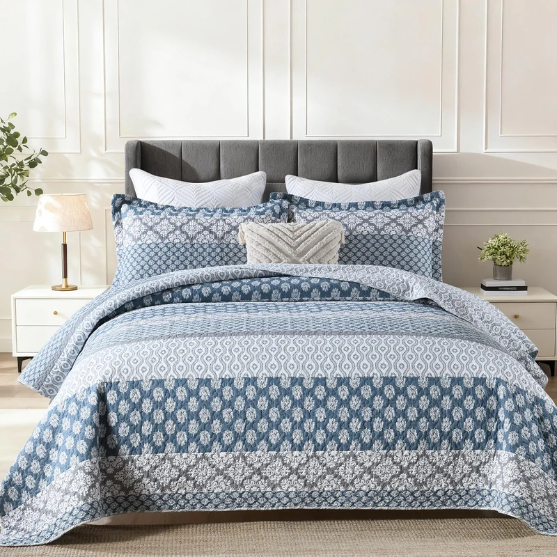 QuiltMuse Quilt Queen Size - 100% Cotton Quilt Set with Matching Shams, Blue Gray Floral Striped Patchwork Queen Quilt Bedding Set, 3 Pieces Lightweight Bedspread Coverlet Home Decor for All Season