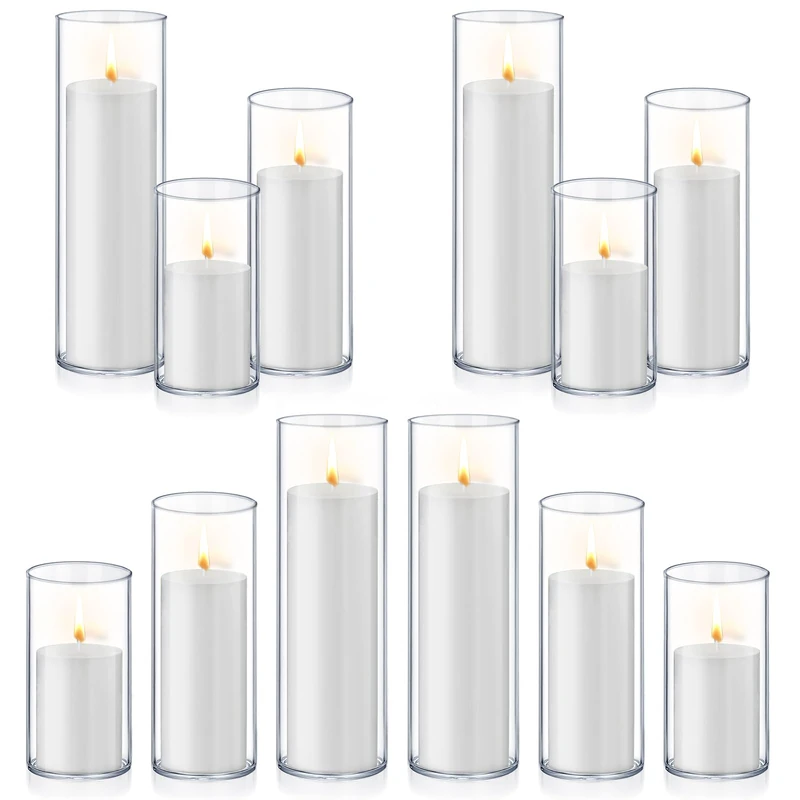 Homjoy Set of 12 White Pillar Candles with Glass Candle Holders Clear Hurricane Candle Holders Glass Cylinder Vases for Centerpieces Wedding Party, Event, Home Office