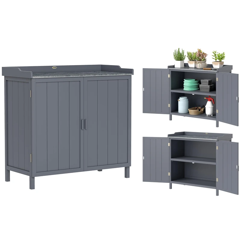 Outsunny Wood Garden Storage Cabinet, Outdoor Tool Shed, Potting Bench Table with galvanised Top and Two Shelves for garden Tools or Pool Accessories, Grey