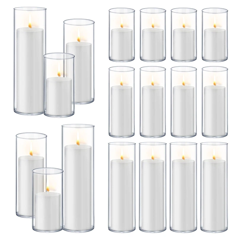 Homjoy Set of 18 White Pillar Candles with Glass Candle Holders Clear Hurricane Glass Candle Holders Glass Cylinder Vases for Centerpieces Wedding Party, Event, Home Office