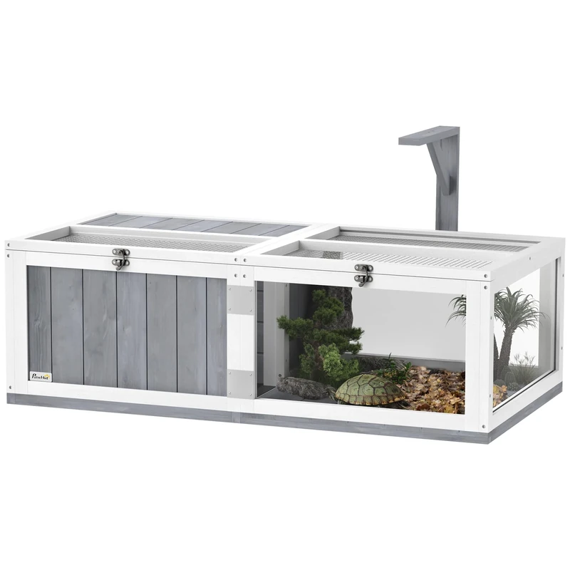 PawHut Tortoise House with Lamp Holder, Wooden Tortoise Enclosure with Clear Observation Windows, Openable Tops, Built-in Tray, Two-Room Turtle Table for Indoor Use, Light Grey
