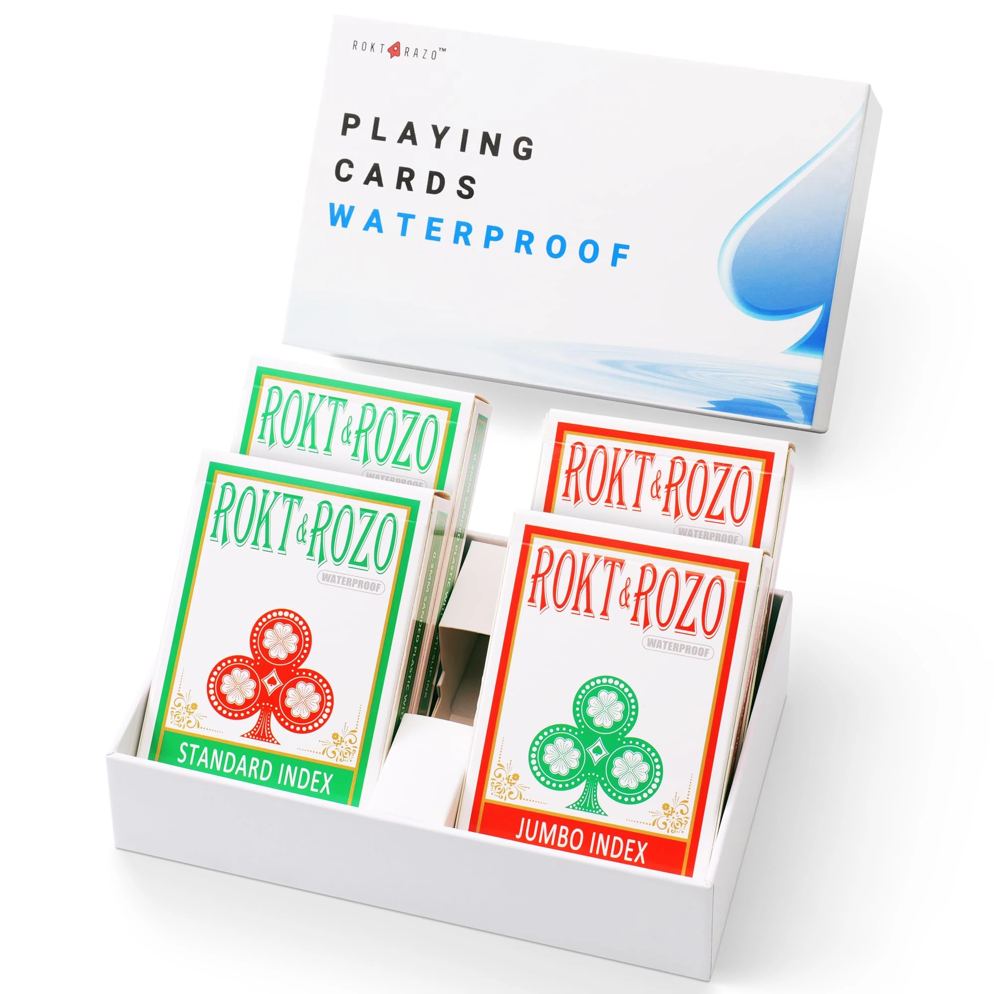 rokt&razo Premium Sanded Plastic Playing Cards 4 Decks: 100% Waterproof, 2 Standard & 2 Jumbo Index, Large Print Poker Cards, Anti-Slip Ink, Flexi-Durable, Texas Hold’em Poker (Green & Orange)