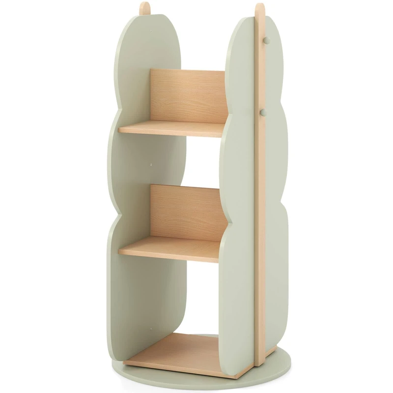 GYMAX 3-Tier Kids Bookcase, 360°Rotating Wooden Children Bookshelf with Side Hooks, Tree-shaped Toy Storage Organizer for Kid's Room Nursery Kindergarten