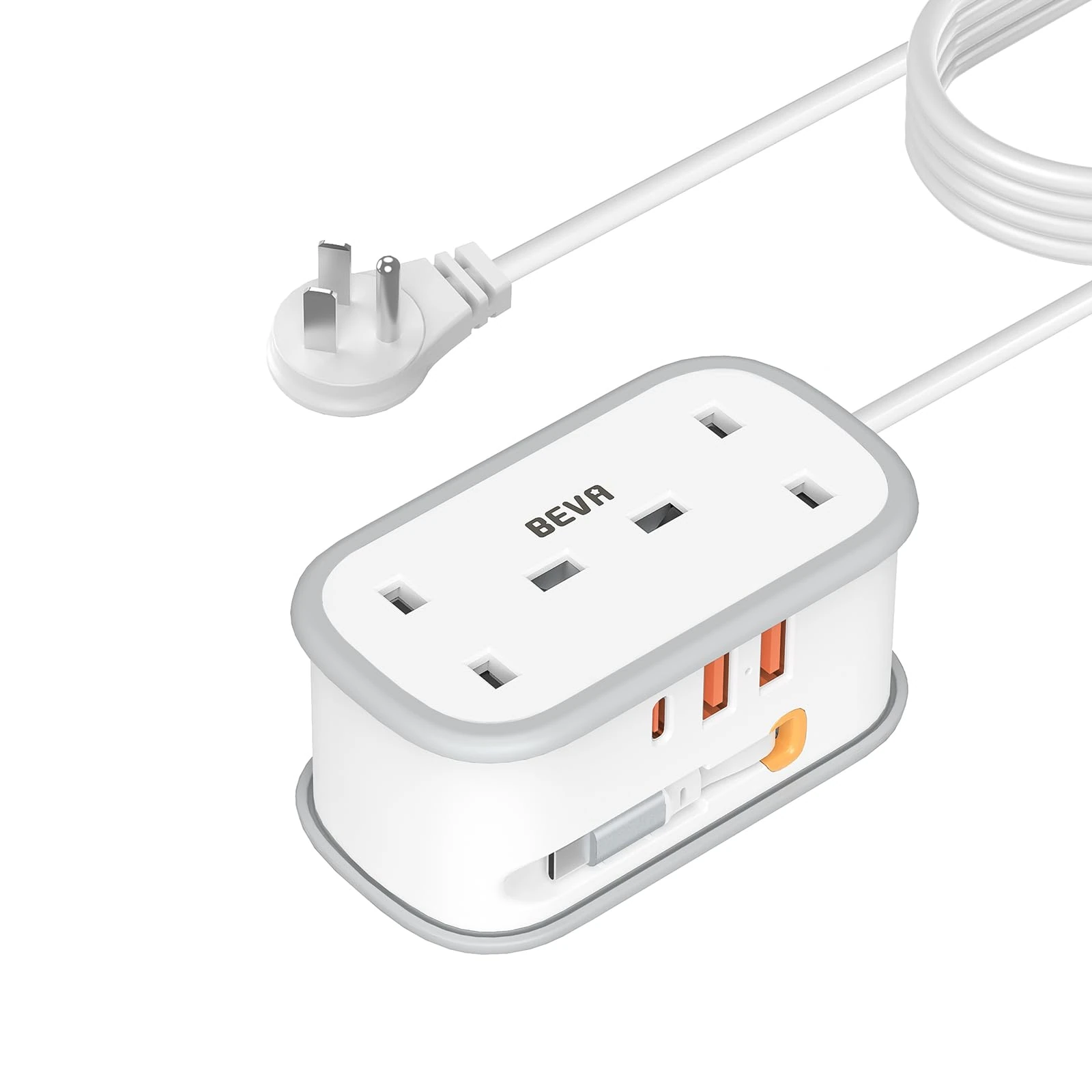 UK to US Plug Adapter with 1.5M Extension Cable, BEVA 2 Way 3 USB (2A+1C) Travel Adapter with Retractable USB C Cable for American, Thailand, Canada, Mexico, Type B