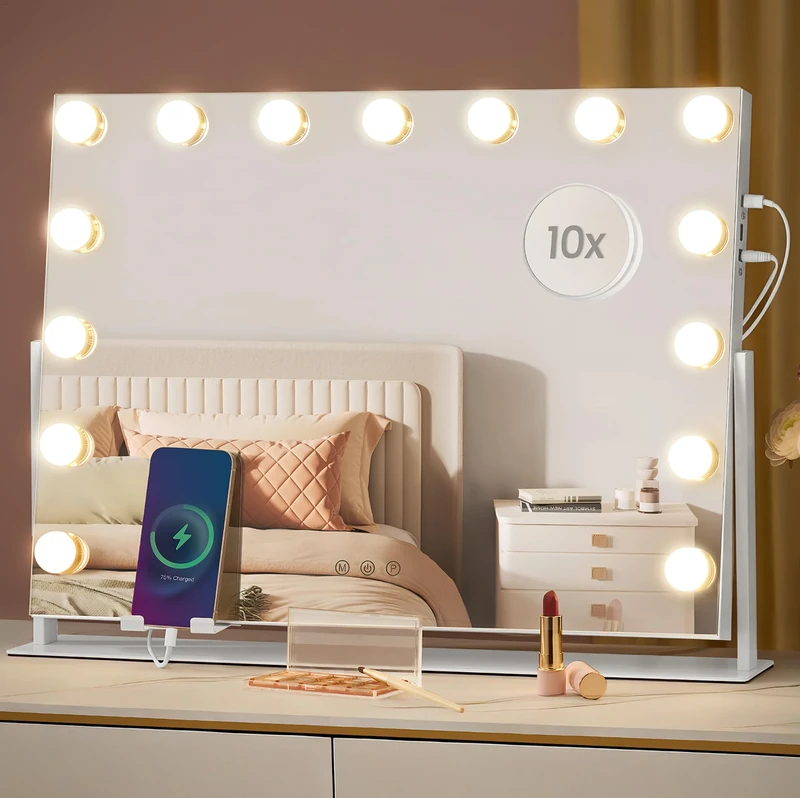 SONGMICS Hollywood Vanity Mirror with Lights, 58?5.8 cm, LED Vanity Makeup Mirror, with Charging Ports, 3 Colour Temperatures, Detachable 10X Magnifying Mirror, Phone Holder, Matte White LWM001W03