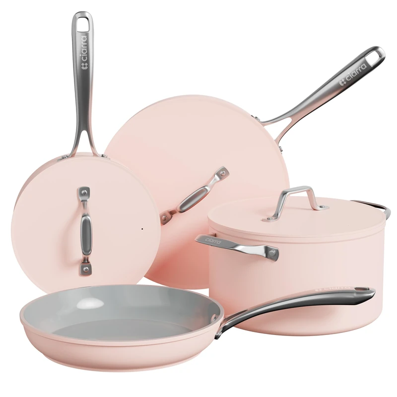 CIARRA Beyond Cookware Set Nonstick Induction Hob Pots and Pans Set with Lids with 24cm Dutch Oven, 26cm Frying Pan, 28cm Saute Pan, 20cm Saucepan Pink