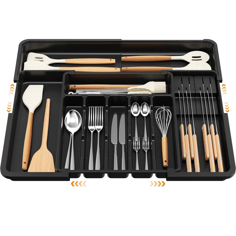 Euqvunn Cutlery Drawer Organiser, Expandable Large Utensil Holder with 2 Removable Knife Blocks, 6-9 Slots Adjustable Cutlery Tray for Kitchen Drawer, Compact Plastic Storage for Forks Knives(Black)