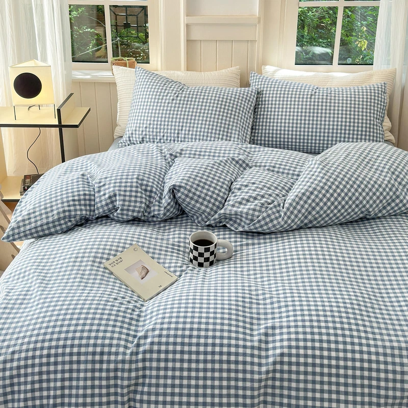 Blue Gingham Duvet Cover Queen 100% Washed Cotton Blue White Plaid Duvet Cover Reversible 3 Pieces Buffalo Grid Comforter Cover with 2 Pillowcases Luxury Soft Gingham Plaid Bedding Set Breathable