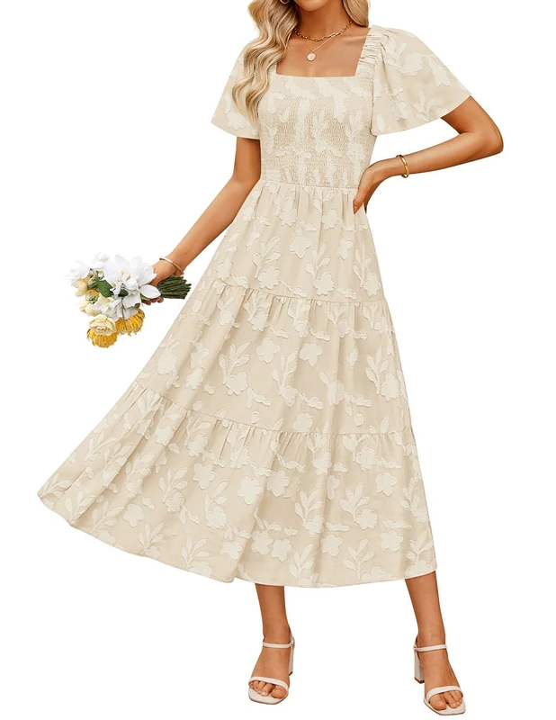 ZESICA Women‘s Summer Boho Floral Midi Dresses 2025 Casual Short Sleeve Square Neck Flowy Beach Vacation Long Dress, Apricot, M
