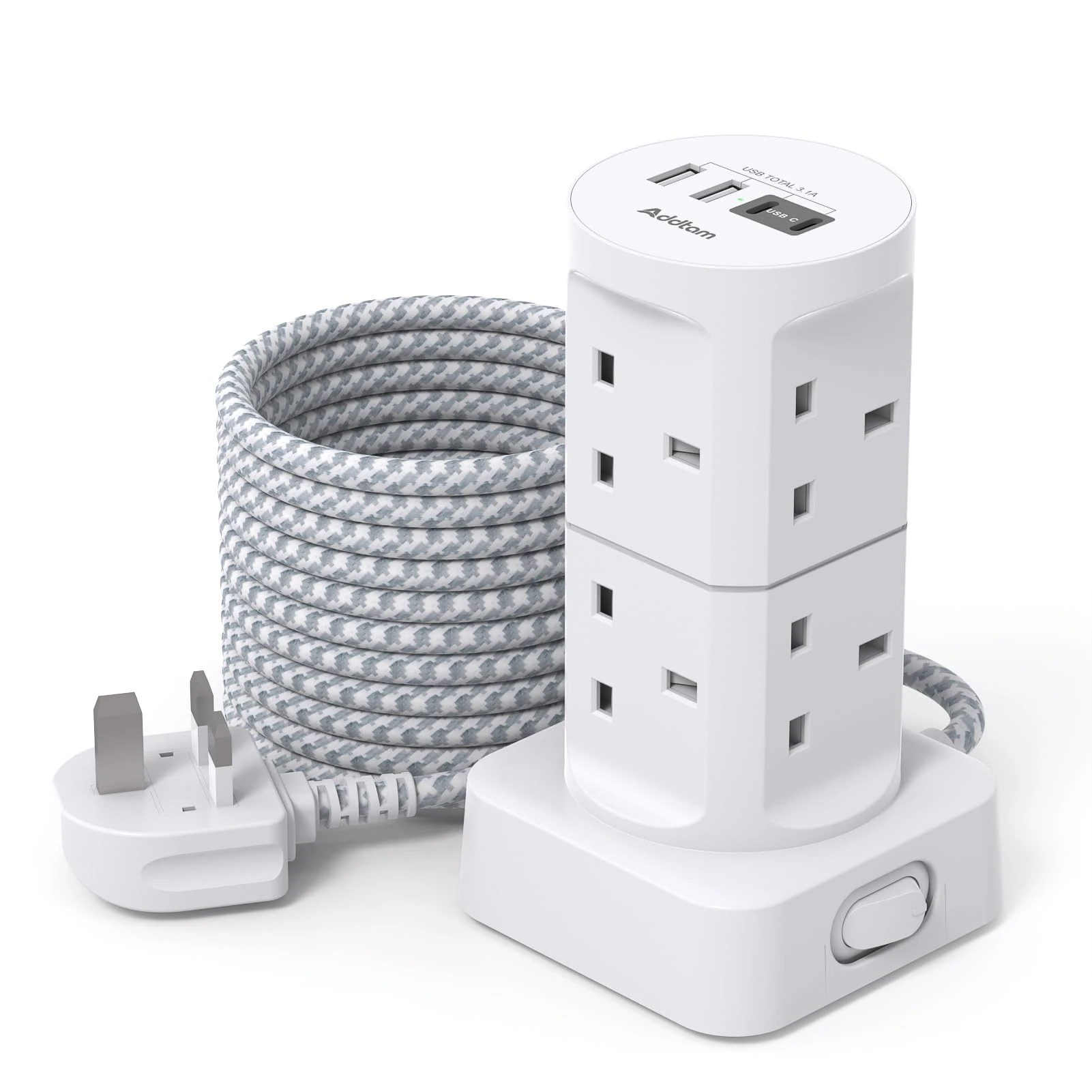 Tower Extension Lead with USB Slots, (13A 3250W), 8 Way Multi Plug Extension Tower & 4 USB Ports (2 Type C & 2 USB A Ports), 5M Extension Cable, Extension Lead tower for Home Office School Supplies