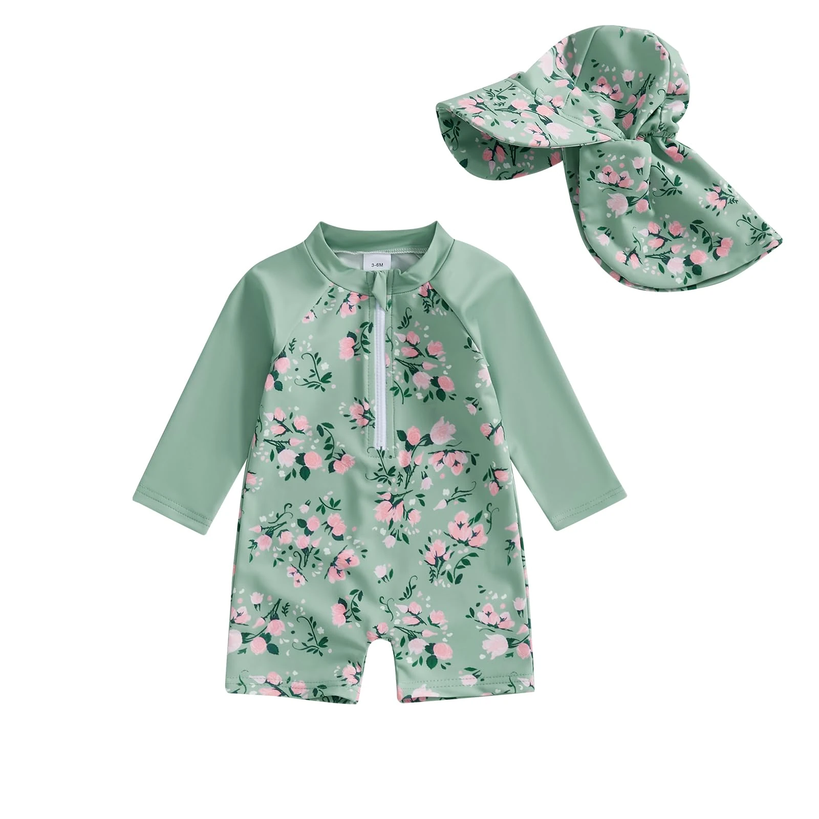 Baby Boy Girl Summer Swimsuit Half Zipper Cute Swimwear Toddler Infant Rash Guard One Piece Bathing Suit with Sun Hat (Floral Green, 3-6 Months)