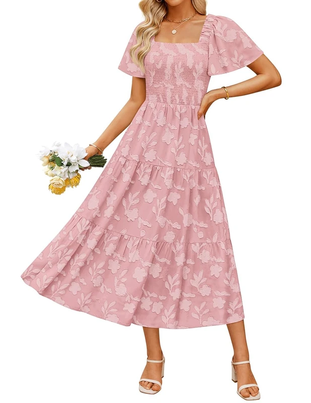 ZESICA Women‘s Summer Boho Floral Midi Dresses 2025 Casual Short Sleeve Square Neck Flowy Beach Vacation Long Dress, Pink, XL