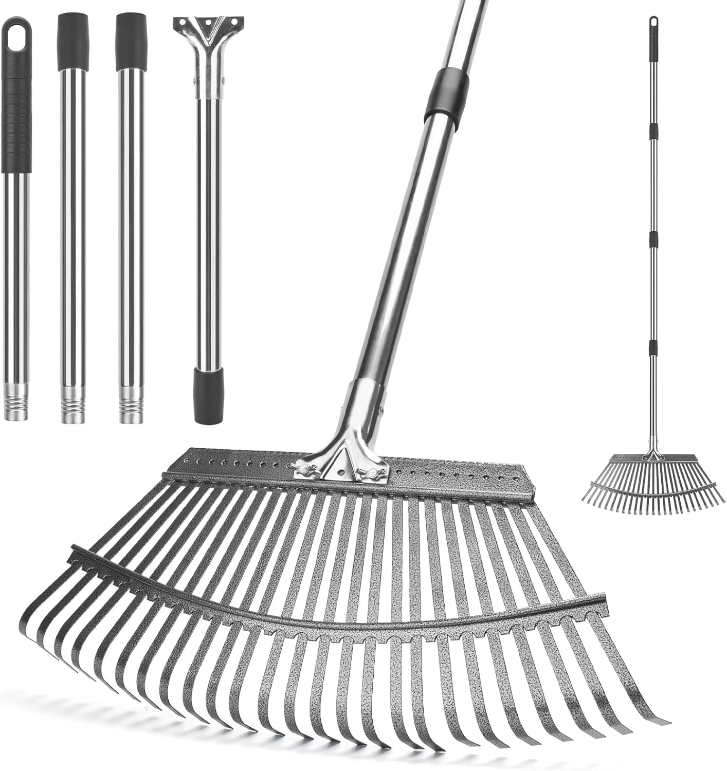 Garden Leaf Rake,with 25 Metal Tines,47 cm Wide Heavy Duty Leaf Rake, Leaves Rakes with 186 CM Adjustable Handle for Yard Lawn Shrub Garden Leaves