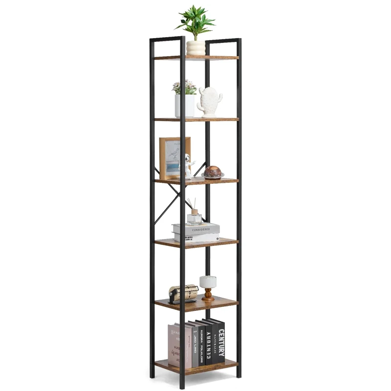 VEVOR Metal Bookshelf, 6-Tier Industrial Bookcase, Tall Narrow Rustic Vintage Storage Bookshelf with Open Shelves, Freestanding Display Shelving Unit Storage Rack, for Living room, Bedroom & Office
