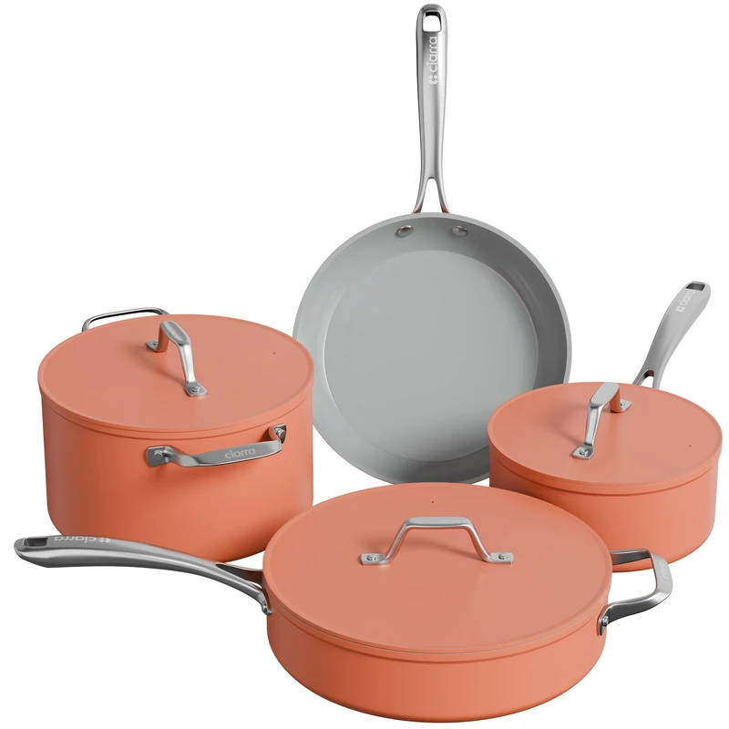 CIARRA Beyond Cookware Set Nonstick Induction Hob Pots and Pans Set with Lids with 24cm Dutch Oven, 26cm Frying Pan, 28cm Saute Pan, 20cm Saucepan,Orange