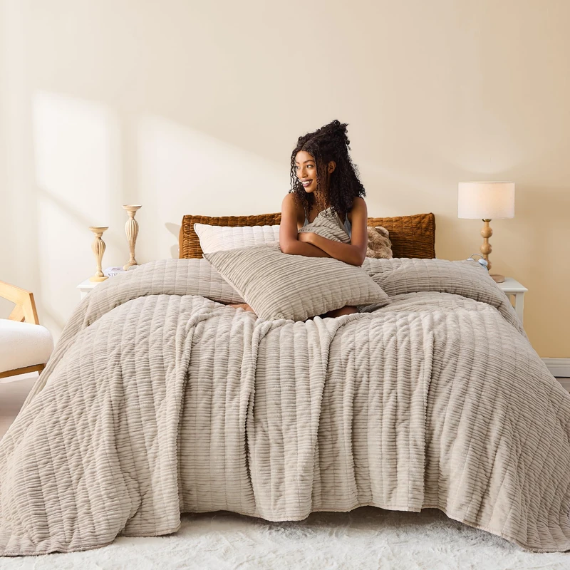 Wonderful Corduroy Texture Beige Quilt Set Queen - Hypoallergenic Skin-Friendly Soft Plush Velvety Touch Bedspread, Classic Vertical Striped Lightweight Coverlet for All Season, 94"x94"