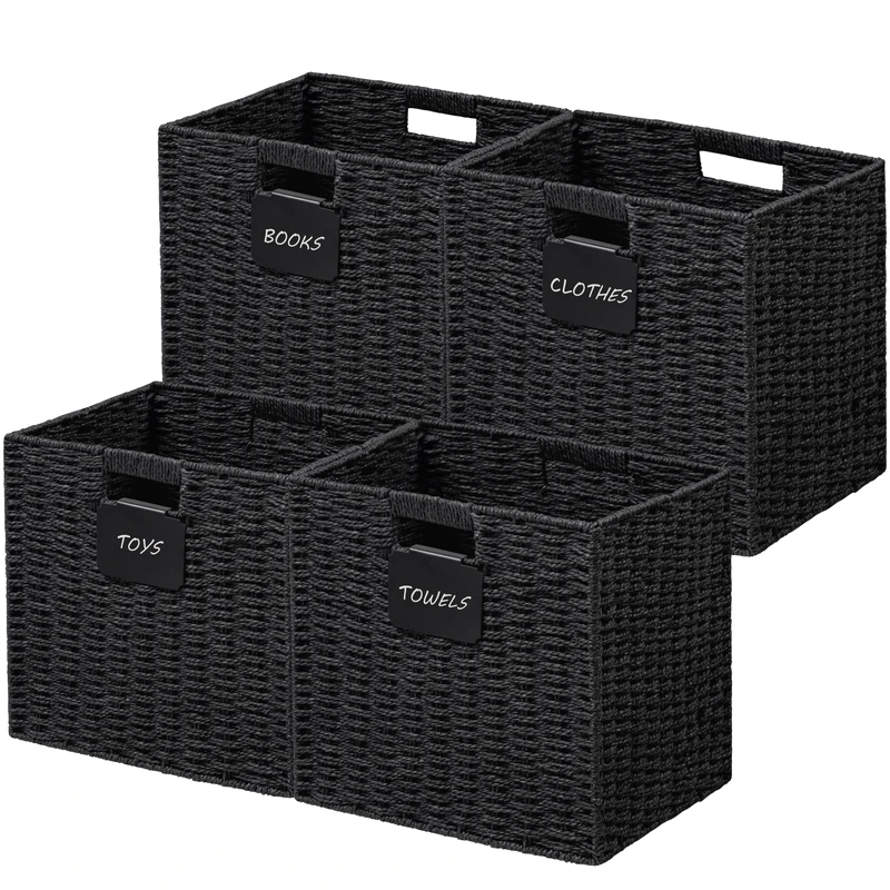 UBBCARE 4 Pack Wicker Basket, 10.5L×10.5H×10W inch Woven Paper Rope Storage Baskets for shelves, Foldable Cube Storage bin with Handle, Storage Basket for Organizing & Decor, Black