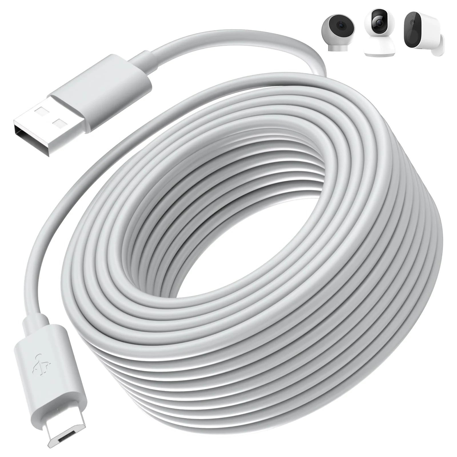Micro USB Cable 10M, Power extension Cable Compatible with Mi 360°Home Camera 2K Pro/Smart Camera C300,EZVIZ,Wyze Cam,Blink,Eufy,extra long Micro USB Power Charging Cord for Security Cameras,White