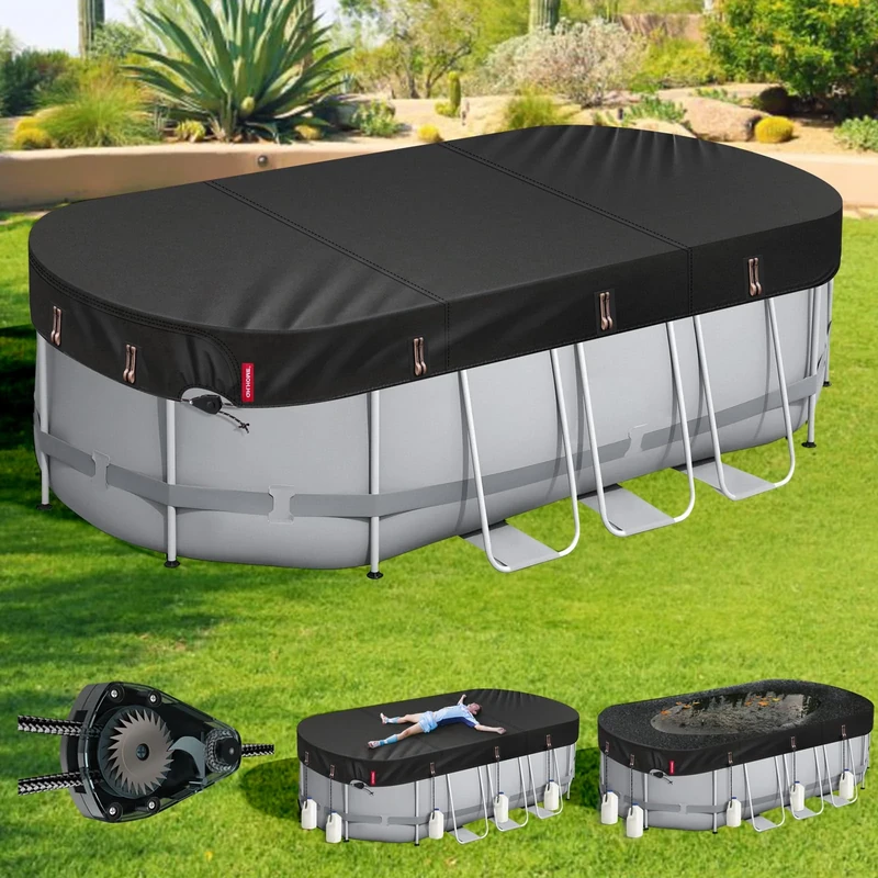 QH.HOME [2025 Upgraded Ultimate Windproof] 7x10 ft Oval Pool Cover for Above Ground Pools,[Durable and Tear-Resistant] with Enhanced Ratchet Cord and Weight-Bearing Rings