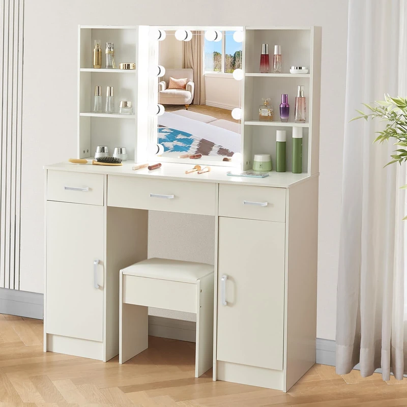 Ereousa Dressing Table with Mirror and Stool, Vanity Desk with 3 Drawers and 4 Shelves, Makeup Desk with Adjustable Led Lights, Makeup Table for Bedroom, 100x40x140cm, White, HZ651223