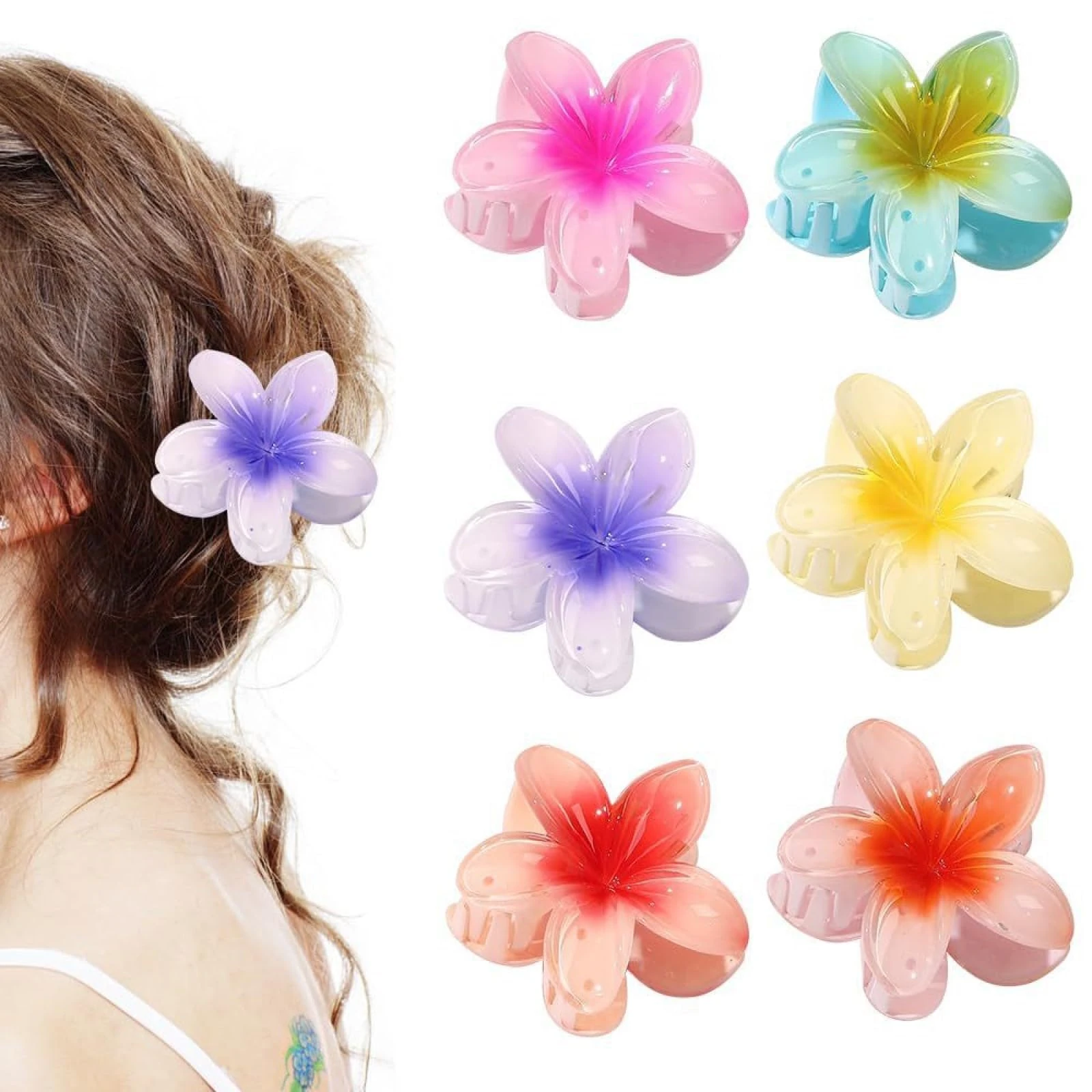 Aucuu 6 Pcs Plumeria Flower Hair Claw Clips, Nonslip Flower Claw Clips, Strong Hold Hawaiian Claw Clip for Medium Thick Hair, Acrylic Hair Clip, Hawaii Hair Accessories for Women and Girls
