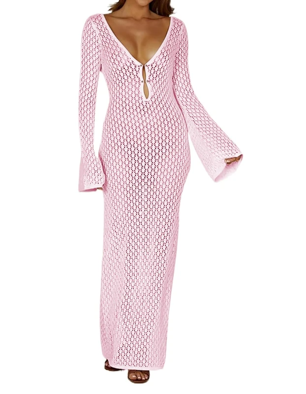 Leoparts Crochet Swimsuit Cover Up for Women Sexy V Neck Hollow Out Backless Maxi Dress Beach Bikini Coverup Dresses, 2402 Pink, Medium