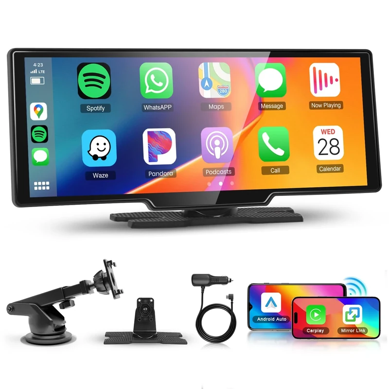 10.26" Portable Car Radio Carplay Screen for Apple Carplay Android Auto Wireless, Hodozzy HD IPS Touch Screen Car Stereo with OTA SuperLink Mirror Link Bluetooth AUX FM Transmitter for All Vehicles