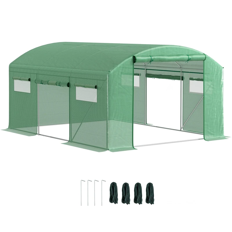 Outsunny 4 x 3 x 2m Polytunnel Greenhouse with 3 Roll-up Doors and Mesh Windows, Walk-in Garden Tunnel Warm House Tent with UV-resistant PE Cover and Galvanised Steel Frame, Green