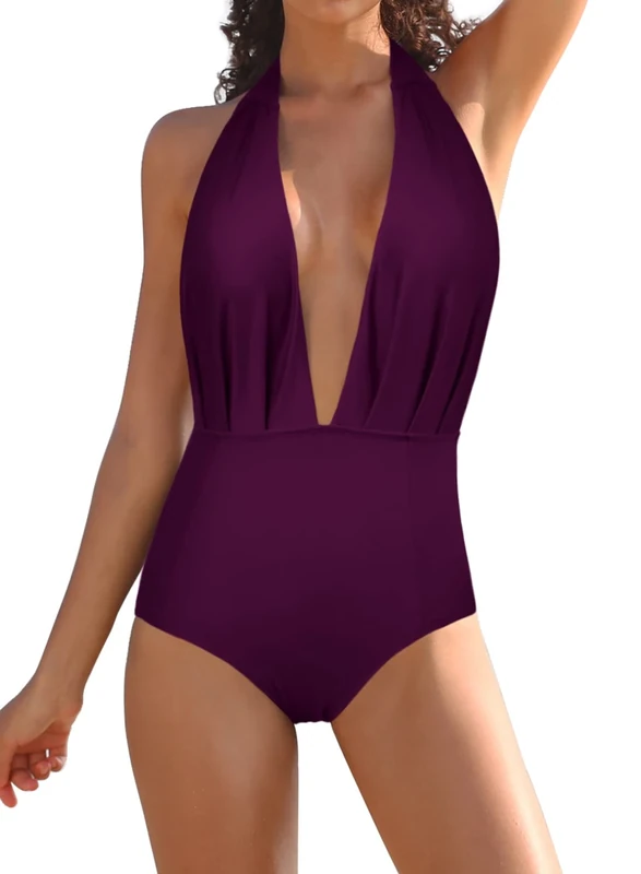 SHEKINI Women's Low Back Swimsuit Sexy Deep V Neck Beach Swimwear Padded Backless Halter Swimming Costume, Purple, Medium