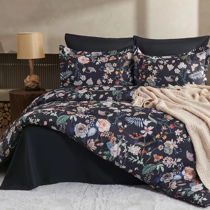 7 Piece Queen Comforter Set,Black Butterfly Floral Comforter Set with Flowers Leaves Pattern，Soft Microfiber Complete Bedding Set for All Season(Black, Queen)