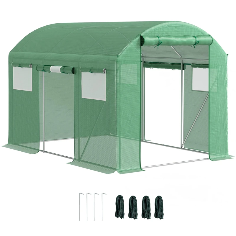 Outsunny 3 x 2 x 2m Polytunnel Greenhouse with 3 Roll-up Doors and Mesh Windows, Walk-in Garden Tunnel Warm House Tent with UV-resistant PE Cover and Galvanised Steel Frame, Green