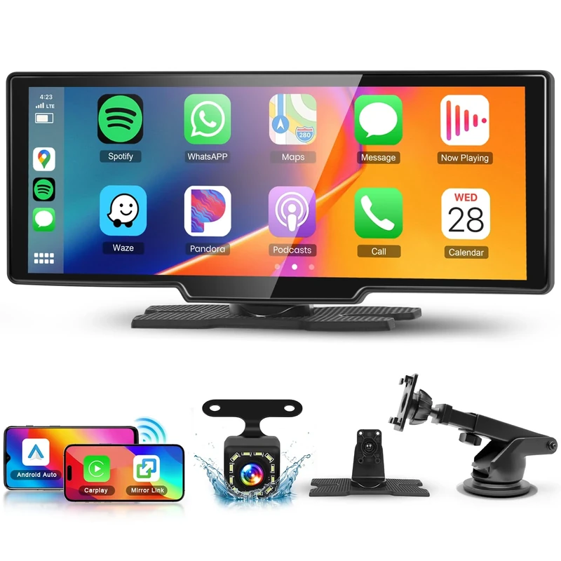 Wireless Carplay Android Auto Screen 10.26 Inch Portable Car Stereo, Hodozzy HD IPS Touch Screen Car Radio with SuperLink/OTA/Bluetooth/Voice Control/AUX/FM Transmitter+HD Backup Camera