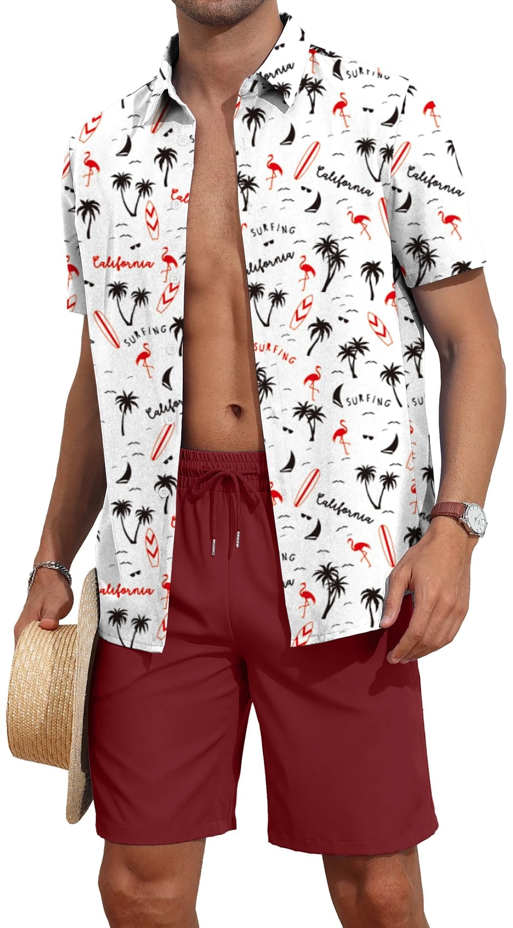 AIYINO Men's 2 Piece Outfits Tropical Print Short Sleeve hawaiian shirts set Beach Party Hawaiian Fancy Dress for Men Flamingo White L