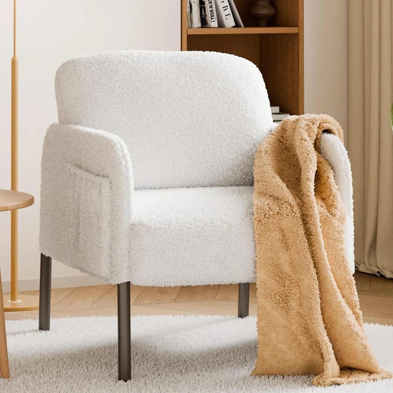 Mondeer Armchair, Accent Chair with Storage Bag and Metal Legs Soft Faux Lambswool Fabric for Living Room Bedroom Reading Reception Lounge, 63 x 75 x 75 cm, White